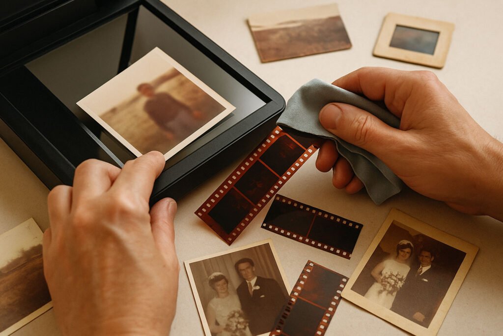 Escáner digitalizando negativos y diapositivas en un entorno vintage con fotografías antiguas sobre una mesa