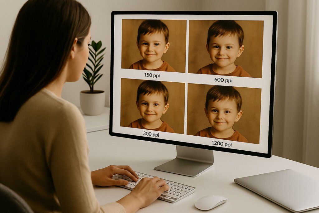 Mujer tecleando en un ordenador mientras observa en pantalla comparativas de escaneos de una foto infantil a 150, 300, 600 y 1200 ppp